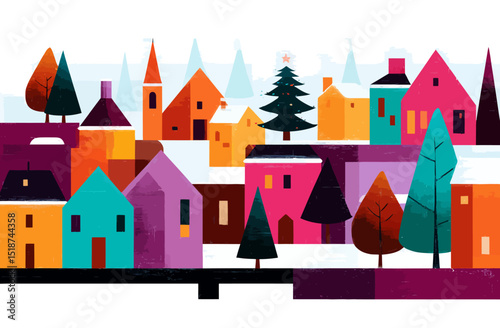 Abstract Christmas Town A Colorful Winter Village Illustration