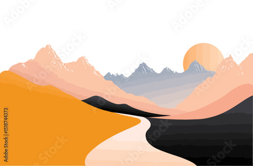 Abstract Boho Mountain Landscape Illustration Minimalist Sunset Scene