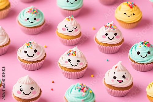 A pattern of tiny smiling cupcakes with colorful frosting, sprinkles, and cute expressive faces.