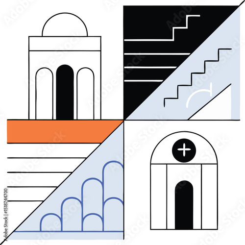 Abstract geometric composition with staircase element on a white background