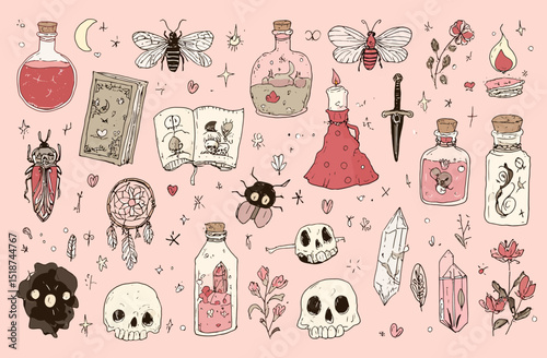 Hand-drawn Alchemy and Witchcraft Illustration Set Potions, Crystals, and Mystical Elements