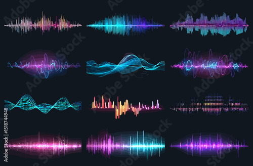 Vibrant Colorful Audio Waveforms Digital Sound Wave Illustrations Set