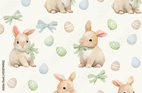 Adorable Watercolor Easter Bunny Pattern Pastel Rabbits and Eggs