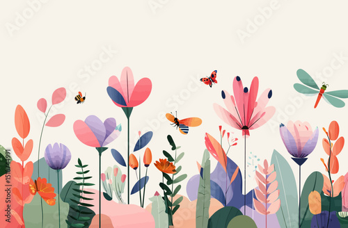 Vibrant Floral Illustration Spring Flowers, Butterflies, and Dragonflies
