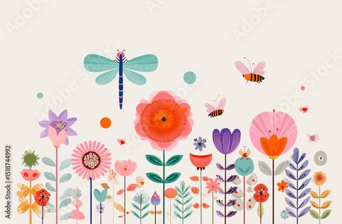 Vibrant Floral Illustration Spring Flowers, Insects, and Decorative Background