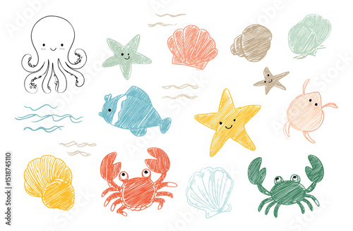 Adorable Hand-Drawn Ocean Critters  Seashells, Starfish, Fish, and Crabs Illustration Set
