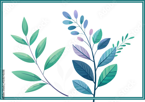 A flower and leaf branch frame in soft lavender and mint green, botanical illustration on white background