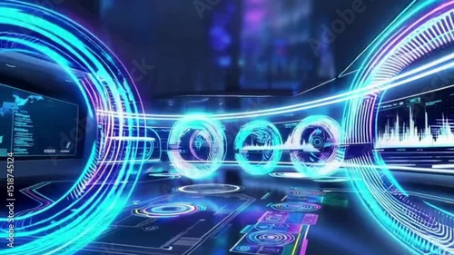 近未来のオフィスにデジタルな光が浮いている