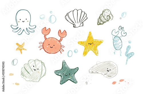 Adorable Hand-Drawn Ocean Animals and Shells Cute Clipart Set