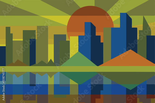Abstract geometric skyline at sunset with reflections in cubist artistic style