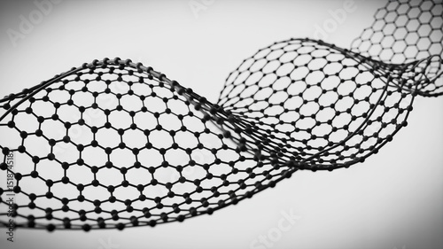 A black and white 3D rendered image of a carbon nanotube structure floating in mid-air photo