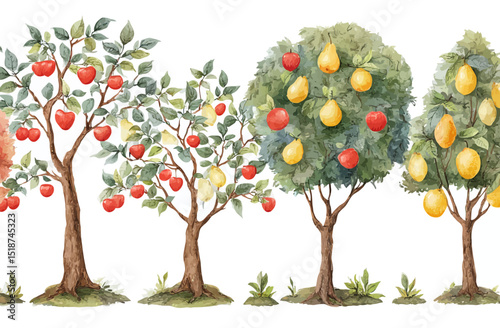 Watercolor Seamless Pattern of Fruit Trees Apples, Pears, Lemons, Cherries