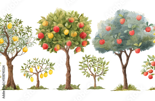 Watercolor Seamless Pattern of Fruit Trees Lemons, Apples, and More
