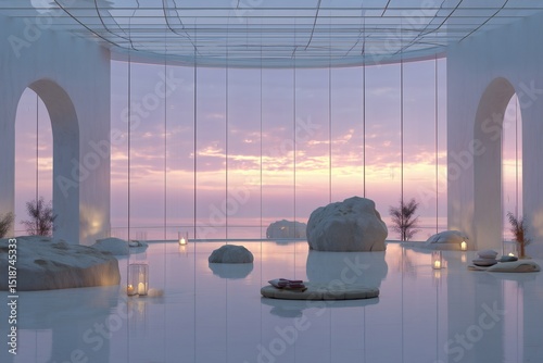 A tranquil indoor retreat with serene ocean views, featuring natural elements like rocks and soft lighting, evoking peace and relaxation.