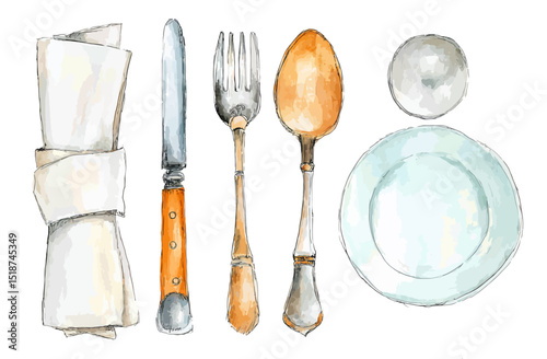 Hand-Drawn Watercolor Illustration of Elegant Vintage Cutlery and Place Setting