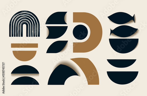 Modern Abstract Geometric Shapes Black, Gold, and White Vector Design Elements
