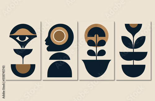 Modern Abstract Art Prints Set of Four Geometric Wall Art Designs in Black, Gold, and White