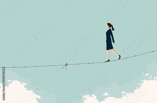 Woman Walking Tightrope Balancing Career Growth and Challenges