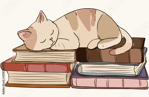 Adorable Cat Napping Peacefully on a Stack of Books Hand-Drawn Illustration