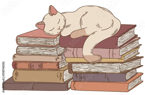 Adorable Cat Napping Peacefully on a Stack of Books - Hand-Drawn Illustration