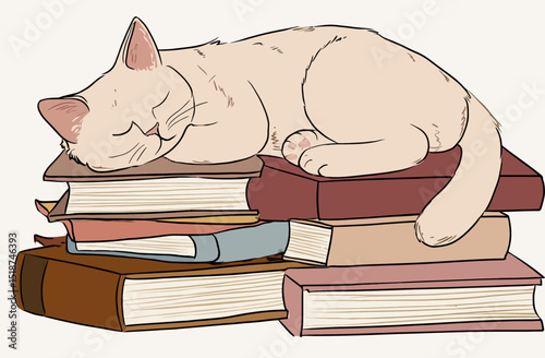 Adorable Cat Napping Peacefully on a Stack of Books Hand-Drawn Illustration