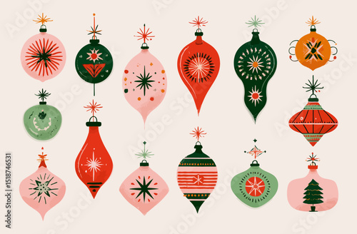 Mid-Century Modern Christmas Ornaments Festive Vector Illustration Set