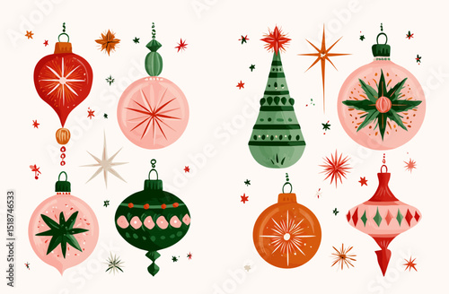 Mid Century Modern Christmas Ornaments Watercolor Illustrations