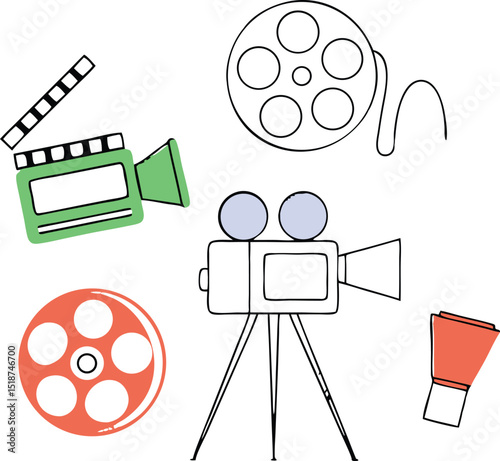 Cinema concept illustration featuring cartoon camera film reel and related elements