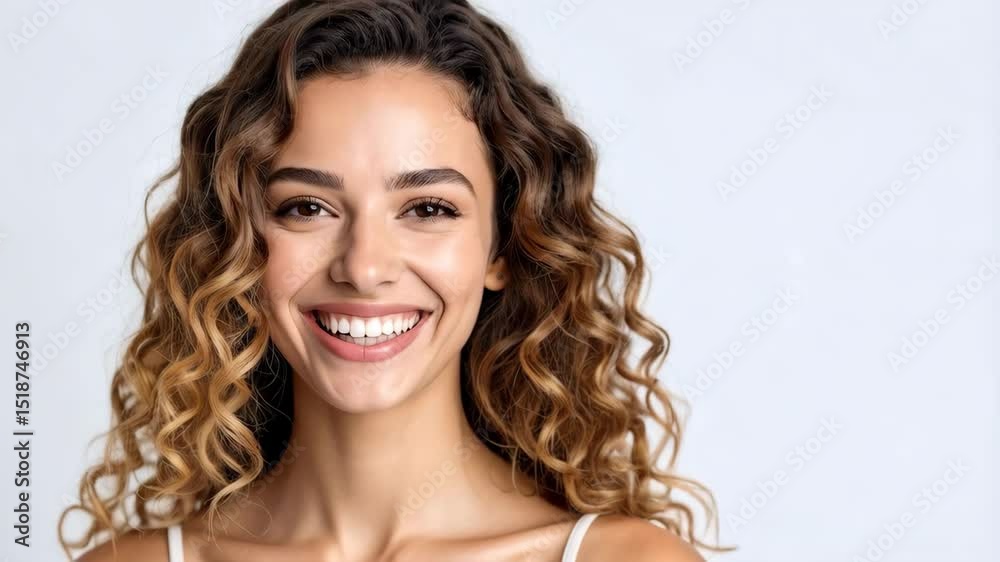 Close up studio portrait of smiling woman with curly brown hair and a radiant complexion against a white background.