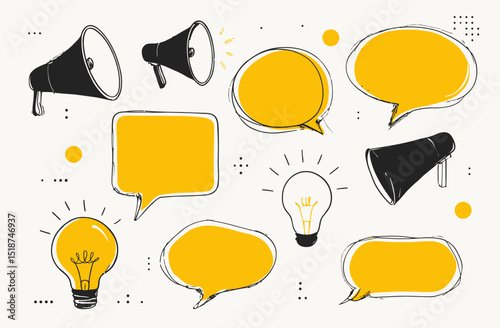 Collection of Yellow and Black Hand-Drawn Speech Bubbles and Megaphones