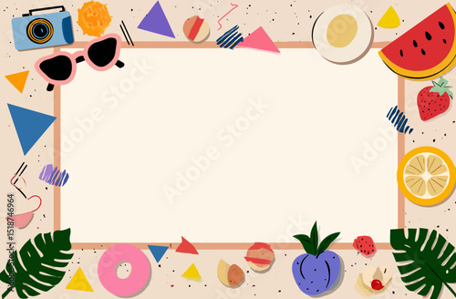 Vibrant Summer Frame Colorful Geometric Design with Tropical Fruits and Retro Elements