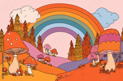 Groovy Rainbow and Mushroom Fantasy Landscape Illustration