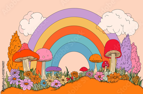 Groovy Rainbow and Mushroom Fantasy Illustration