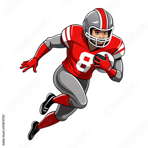 Dynamic vector illustration of an American football player running with the ball in red and gray uniform on transparent background

