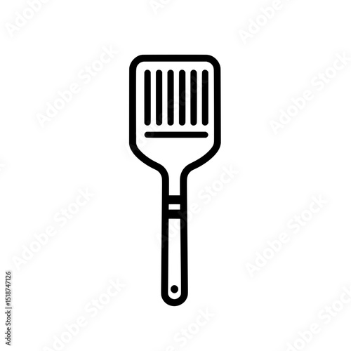 Minimalist kitchen spatula icon with flat rectangular head and long handle in black and white outline