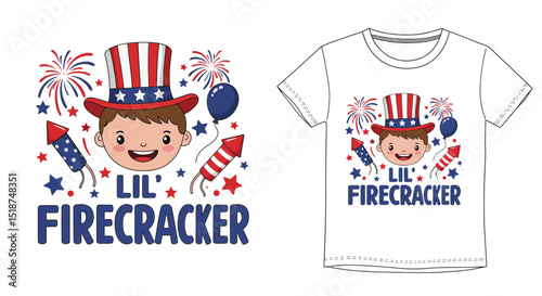 Cute cartoon boy wearing patriotic hat with fireworks and firecrackers celebrating national holiday