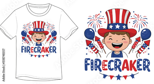 Illustration of a cheerful child wearing patriotic hat with fireworks and firecrackers celebrating independence day on a t-shirt design