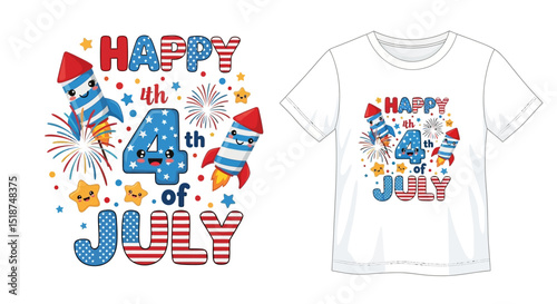 Happy 4th of July colorful fireworks rocket cartoon design on tshirt print