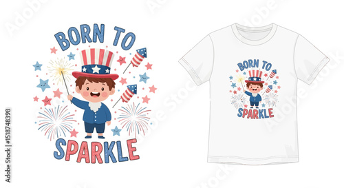 Cute patriotic child holding sparkler and fireworks celebrating independence day with stars and flags
