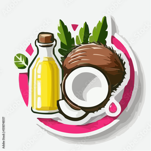 Healthy eating icon featuring coconut, coconut oil, and leaves  