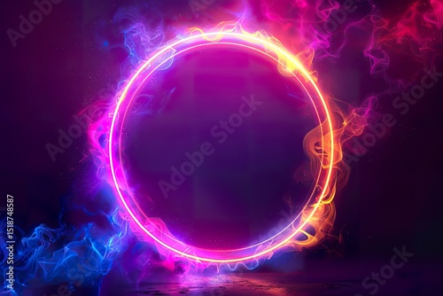 Series of glowing neon circles with outer glow effect and dynamic energy lines, isolated on dark background, technology concept. Circular light frame border. 