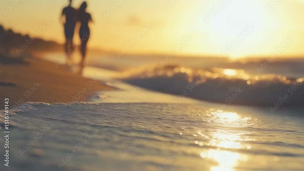 Couple walks on a sandy beach at sunset with golden light and waves