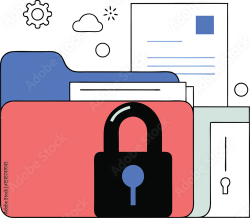 Secure data storage concept illustration featuring a locked folder and documents