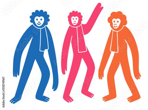 Monkey club illustration, colorful minimalist style, mid-century modern, childlike shapes, whimsical character design, no outlines, solid colors, stylized proportions