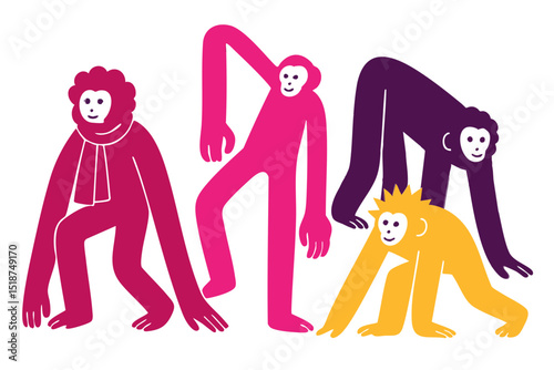 Monkey club illustration, colorful minimalist style, mid-century modern, childlike shapes, whimsical character design, no outlines, solid colors, stylized proportions