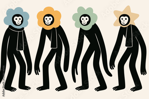 Monkey club illustration, colorful minimalist style, mid-century modern, childlike shapes, whimsical character design, no outlines, solid colors, stylized proportions