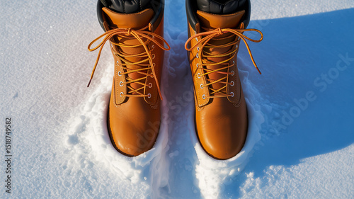 A close-up photograph of brown leather work boots with orange laces standing in pristine white snow.
