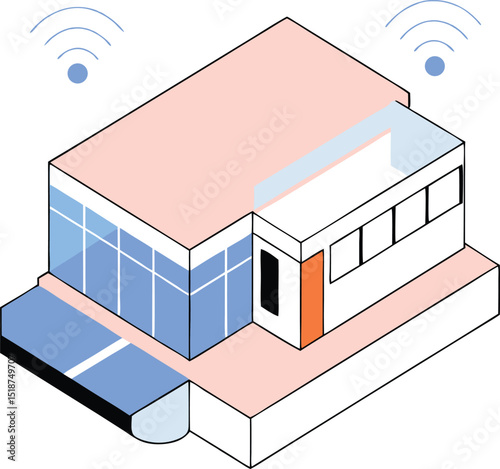 Smart home isometric illustration of connected house with wireless network signals