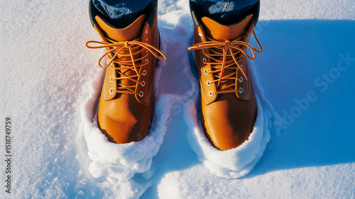 A close-up photograph of brown leather work boots with orange laces standing in pristine white snow.