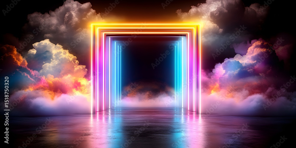 Obraz premium A vibrant, surreal scene featuring illuminated neon arches against a backdrop of colorful clouds and reflective water, creating a dreamlike atmosphere that invites imagination.